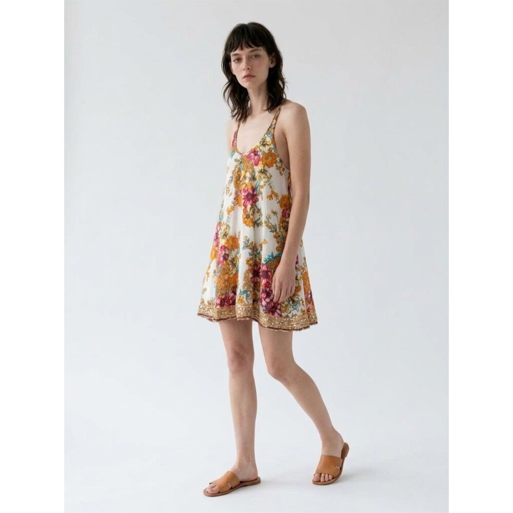 Free People One Womens Floral Sleeveless Short Sundress Sequin Hem Cotton Small